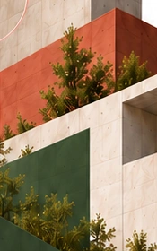 Architecture contemporaine, béton clair et volumes terracotta