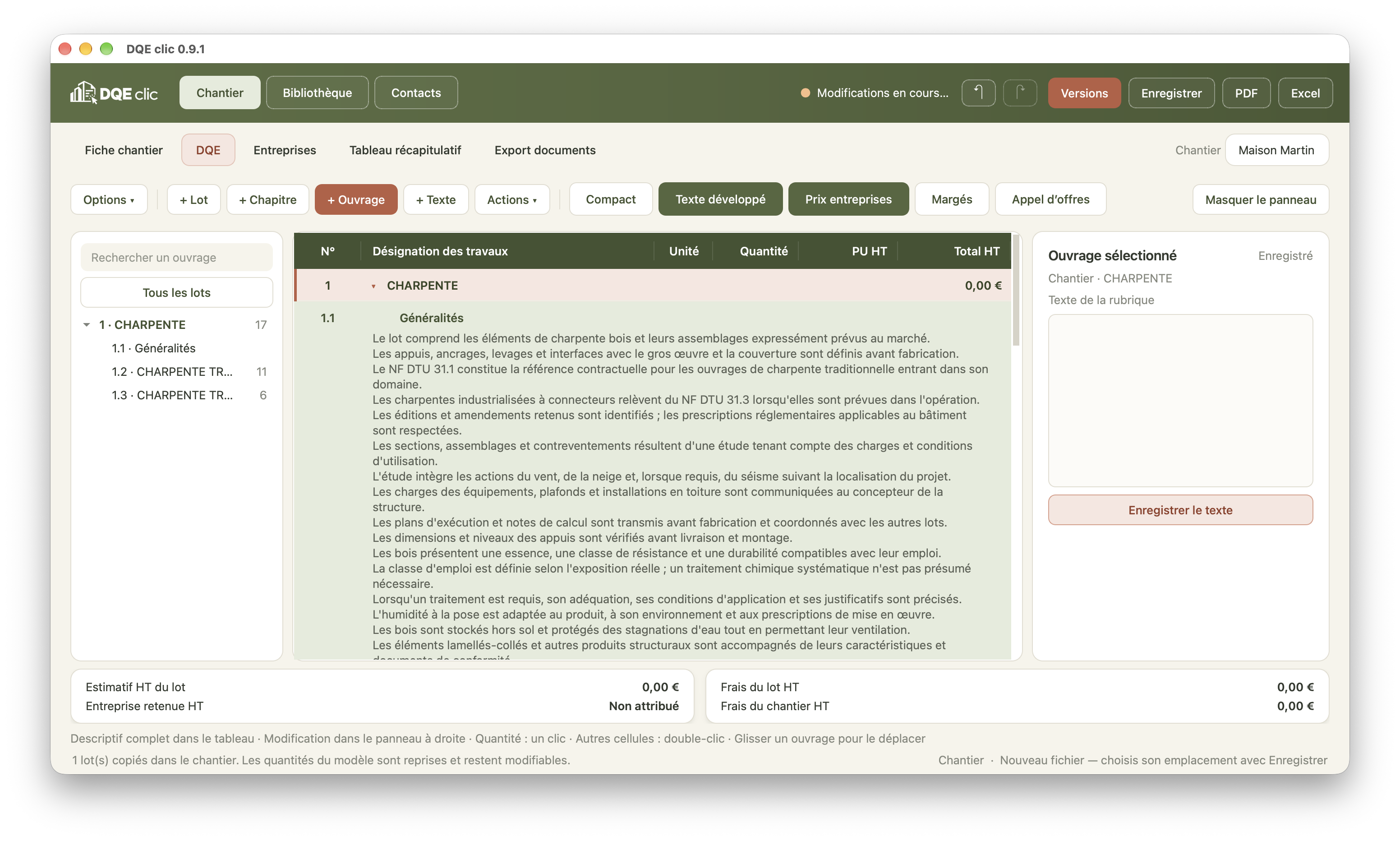 DQE clic 0.9.1 : chiffrage par lots, descriptif développé et panneau de saisie