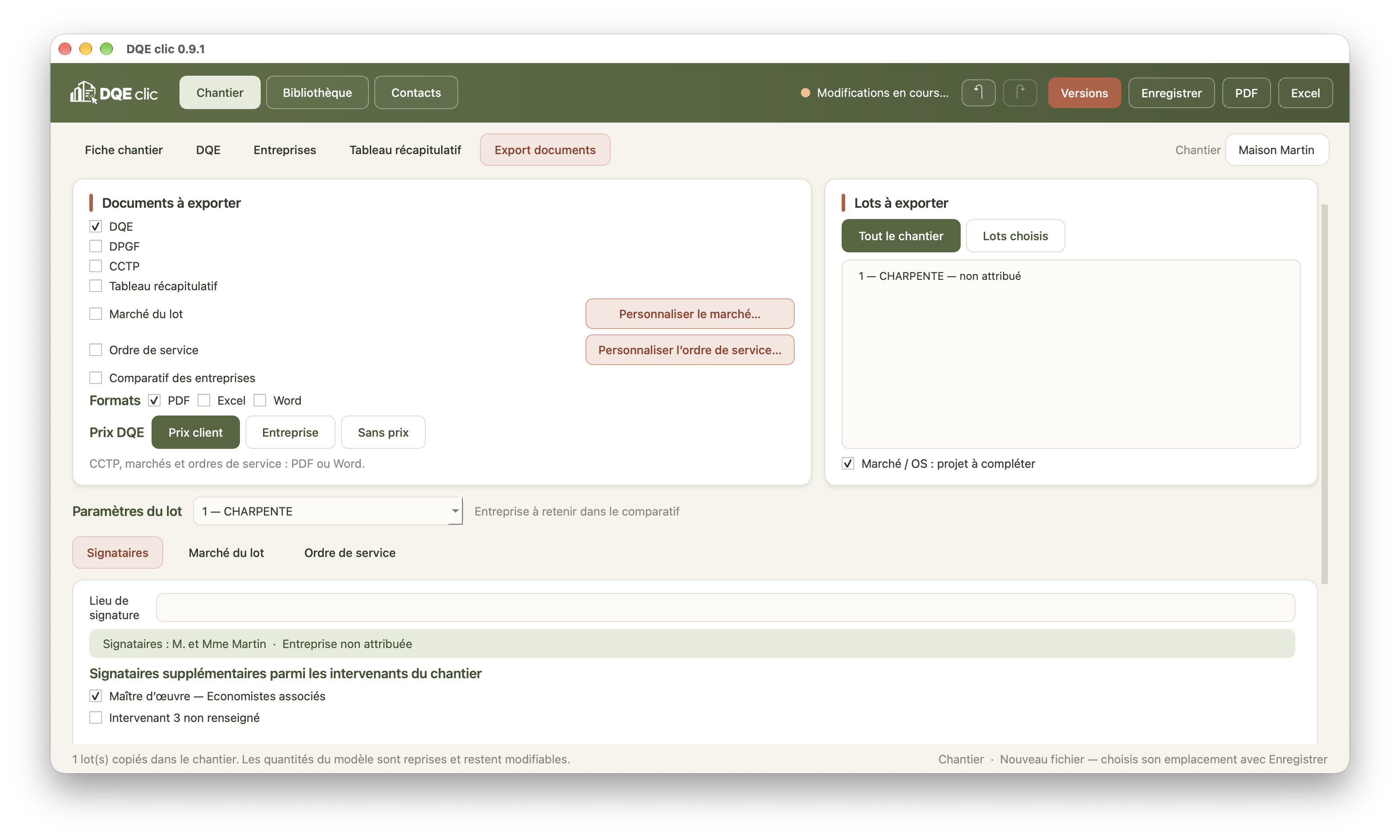 DQE clic 0.9.1 : sélection des documents, des formats et des lots à exporter